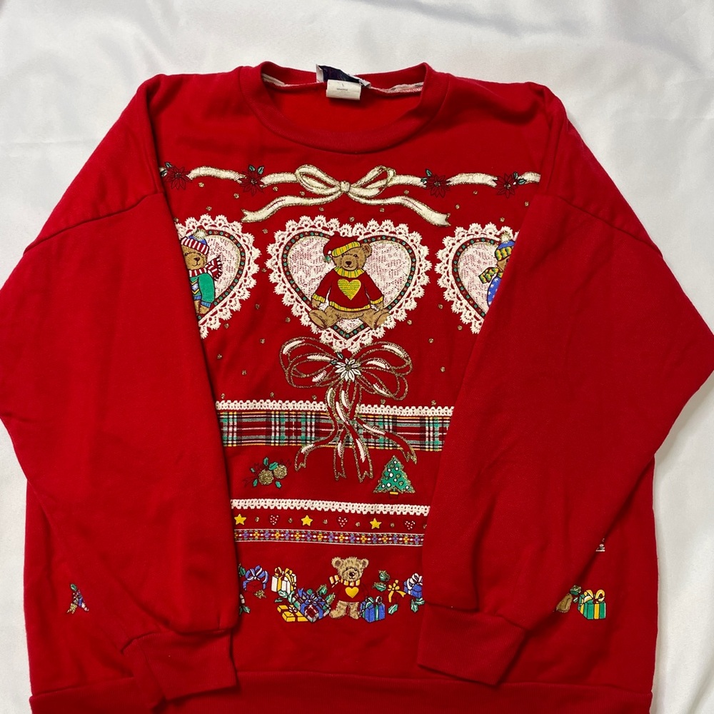 Vintage Red Christmas Holiday Santa Bear Crewneck Sweatshirt Size XL - Picture 1 of 4